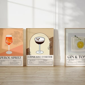 COCKTAILprint SET van 3, Aperol Spritz-poster, Espresso Martini-print, Gin&Tonic-print, decor barwagen, poster cocktailrecept, cocktailrecept, preppy
