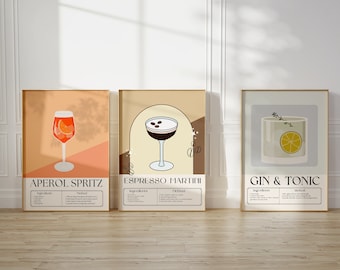 COCKTAIL print SET of 3, Aperol Spritz Poster , Espresso Martini Print, Gin&Tonic Print, Bar Cart Decor, Cocktail Recipe Poster, Preppy