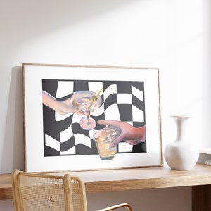 ファンキーなCHEERSカクテルプリント - トレンディなキッチンプリントアルコールポスターチェック柄ブラックプリント横型ドリンクプリントプレッピーバーカート装飾デジタル
