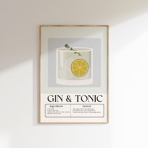May include: A printable poster with a light blue background featuring a glass of gin and tonic with a lime wedge and a sprig of thyme. The poster includes the text "Gin & Tonic" in black text and lists the ingredients and method for making the drink.