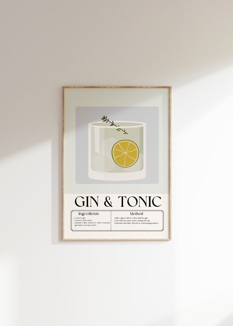 May include: A printable poster with a light blue background featuring a glass of gin and tonic with a lime wedge and a sprig of thyme. The poster includes the text "Gin & Tonic" in black text and lists the ingredients and method for making the drink.