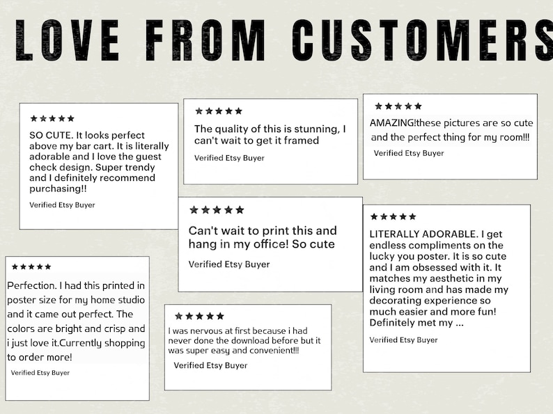 May include: Five customer reviews for a digital download of a printable poster. The reviews are all five stars and include positive comments about the quality, design, and ease of use. The reviews are from verified Etsy buyers.
