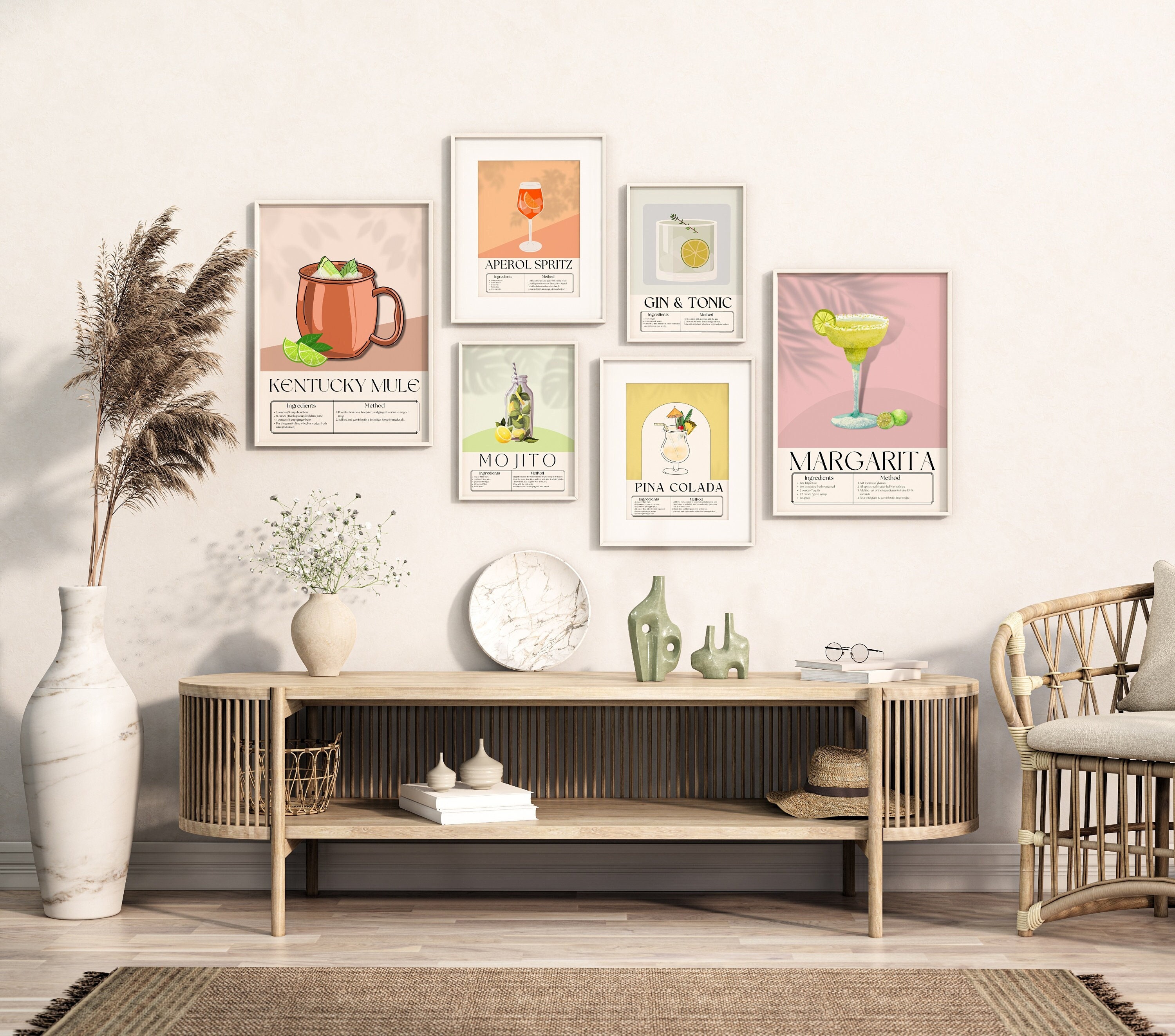 Cocktail Print Set of 6, Colorful Bar Cart Gallery Wall Set, DIGITAL DOWNLOAD, Alcohol Prints, Bar Printable Art,Drinks Wall Decor