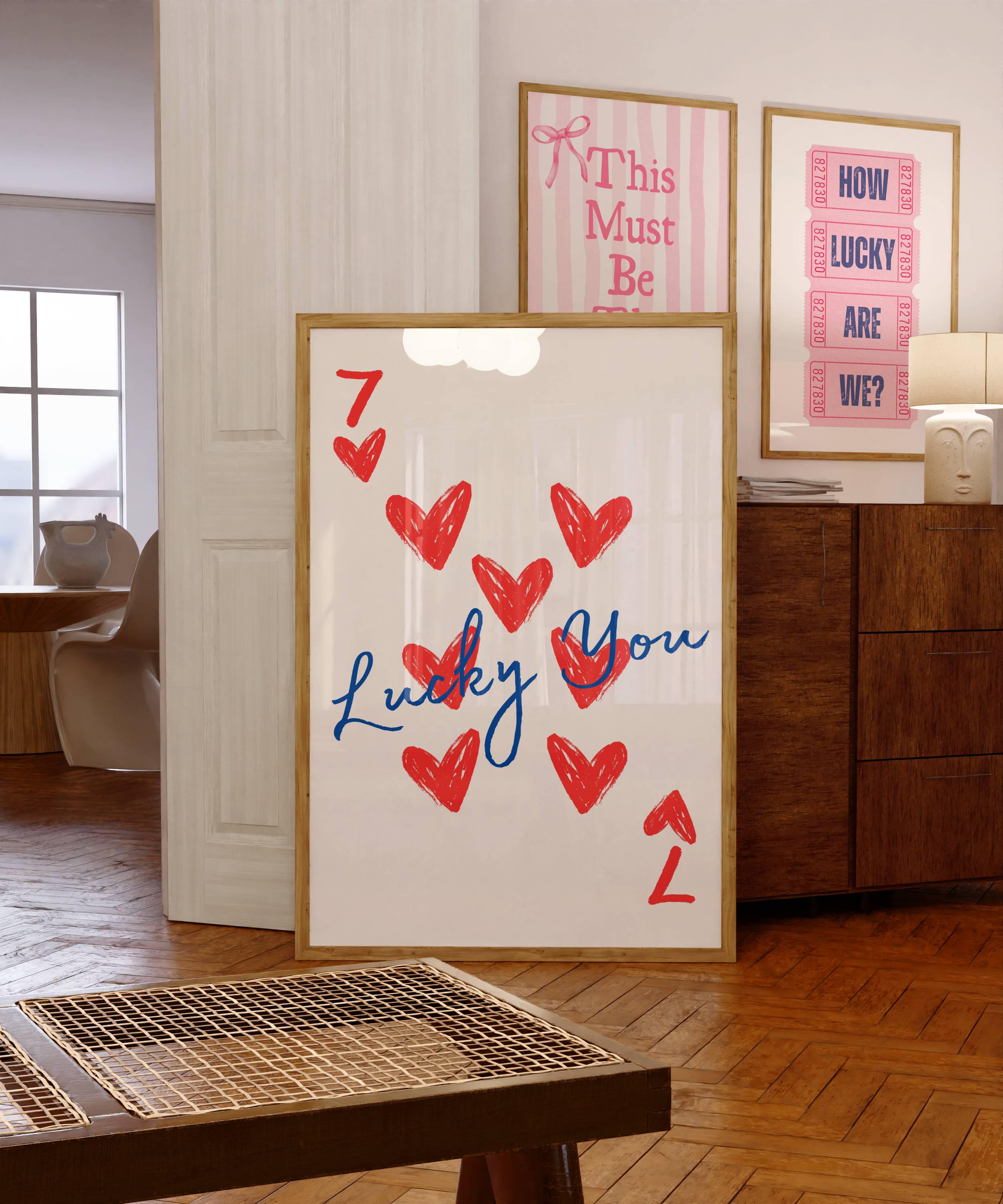 Lucky You 7 of Hearts Printable Wall Art, Aesthetic Art Print