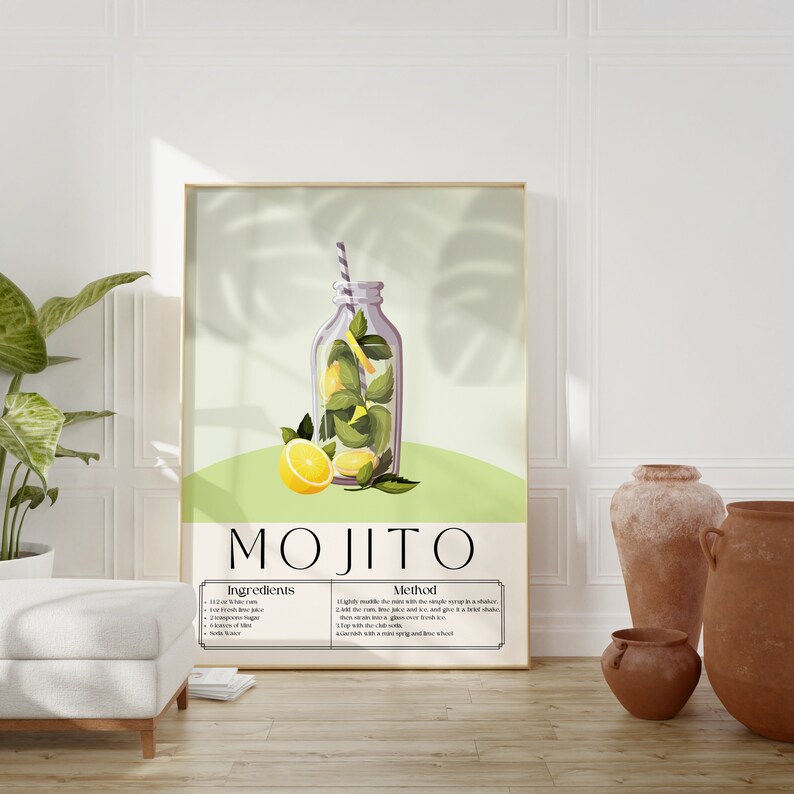 May include: A printable poster with a green background and a glass bottle filled with lime wedges, mint leaves, and a straw. The poster has the text "MOJITO" in large black letters and a table with the ingredients and method for making a mojito.