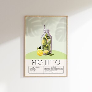 May include: A green and white printable poster with a mojito recipe. The poster features a glass bottle filled with ice, mint leaves, and a lime wedge. The text "MOJITO" is in a large, bold font at the top of the poster. The ingredients and method for making a mojito are listed below the image.