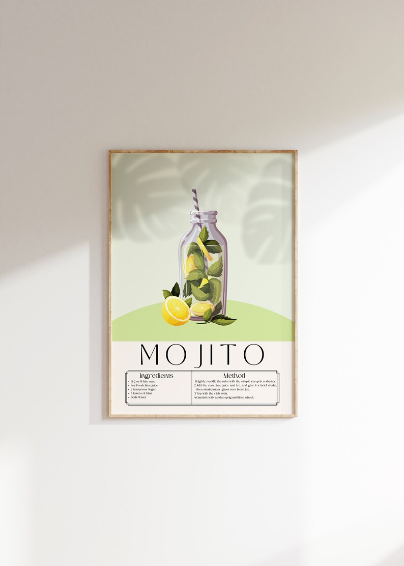 May include: A green and white printable poster with a mojito recipe. The poster features a glass bottle filled with ice, mint leaves, and a lime wedge. The text "MOJITO" is in a large, bold font at the top of the poster. The ingredients and method for making a mojito are listed below the image.