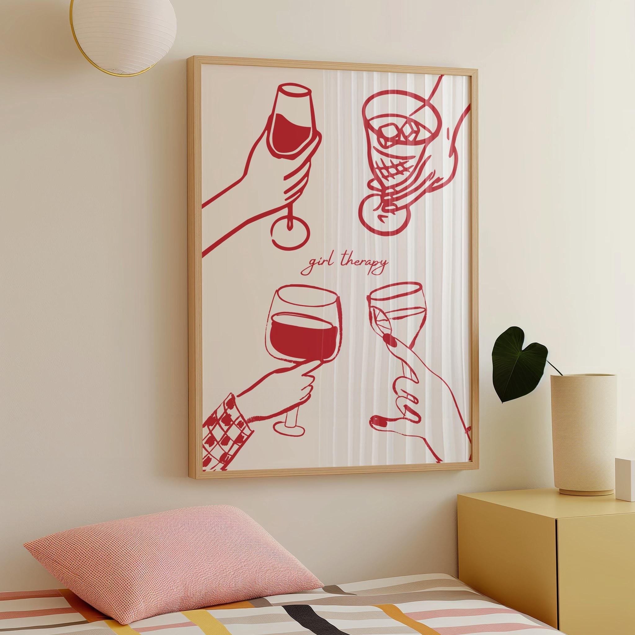 Girl Therapy Red Print - Retro Girls Night Drinks Poster,Red Cocktails Print, Vintage Cocktail Bar Cart Art, Funky Bar Cart Art, Digital