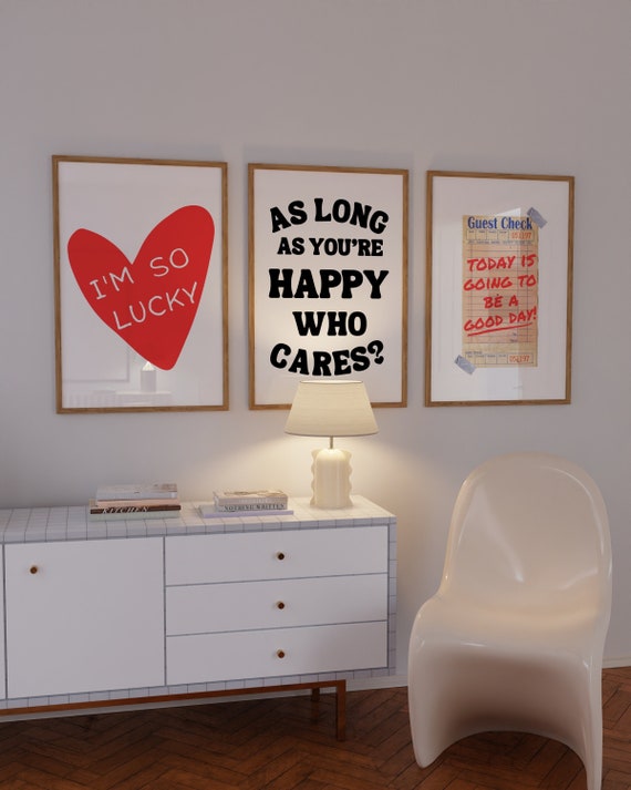 Trendy Wall Art set of 3 Prints Lucky You Print Affirmation Poster Trendy Retro Guest Check Print Red Print Aesthetic College Dorm Posters