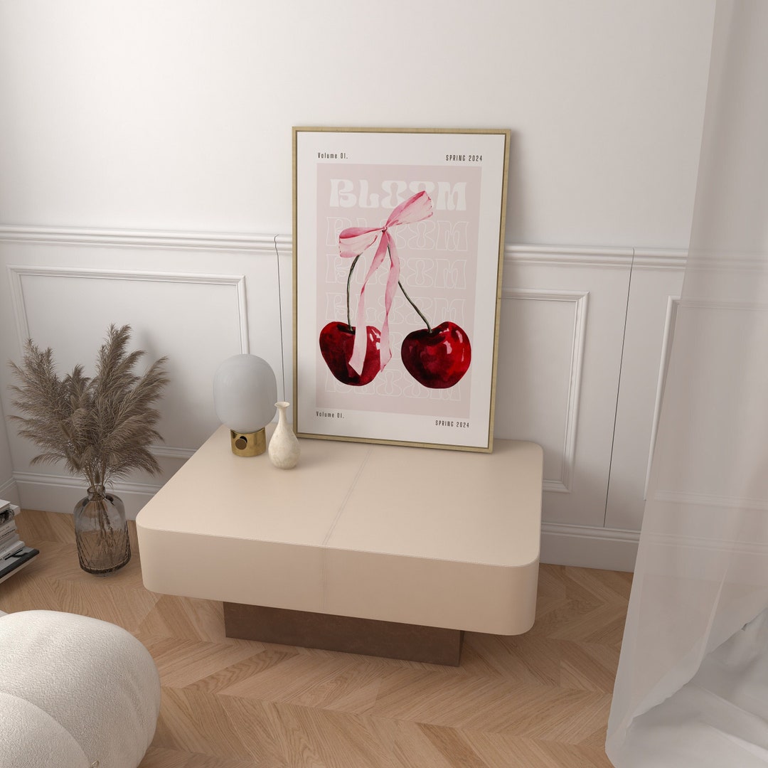 Trendy Pink Bow Poster Cherry Bow Coquette Wall Art Retro Style Cherry ...