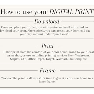 Puede incluir: Un gr&aacute;fico color crema con instrucciones sobre c&oacute;mo usar una impresi&oacute;n digital. El texto incluye los pasos para descargar, imprimir y enmarcar la impresi&oacute;n. Los pasos est&aacute;n numerados y delineados en c&iacute;rculos negros.