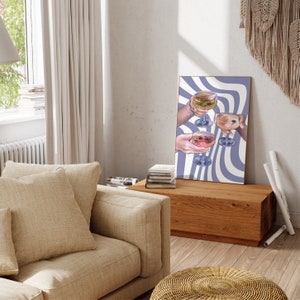 May include: A print of three hands holding up glasses of wine against a background of blue and white wavy lines.