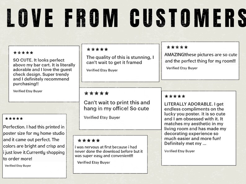 May include: Five customer reviews for a digital download of a printable poster. The reviews are all five stars and include positive comments about the quality, design, and ease of use. The reviews are from verified Etsy buyers.