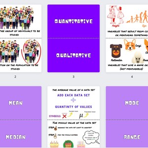 May include: A purple and white infographic with the terms "Population", "Sample", "Quantitative", "Qualitative", "Frequency", "Histogram", "Mean", "Median", "Mode", "Range", and "How often an event or variable occurs". The infographic uses illustrations and diagrams to explain the concepts.