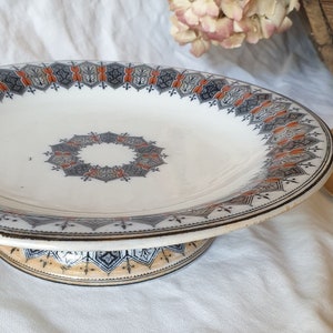 May include: A white ceramic cake stand with a raised base and a decorative border of blue, orange, and gold geometric patterns.