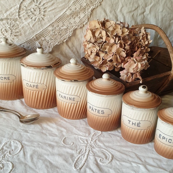 French Enamel BB Torseine kitchen canisters, set of 6 antique w fluted twist, graduated size, earth tone, cinnamon brown & white airbrushed