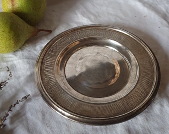 French vintage silver-plated small card / coin tray / footed platter with incised basket weave border design ad molded rim