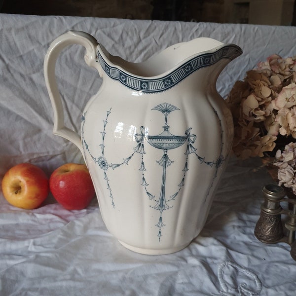 Large antique blue Victorian transferware tall pitcher / water jug, Neoclassical garland designs in blue and white 'Fulham' by Mintons c1900