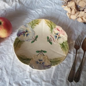 French antique mid 19th C barbotine majolica plate, pansy flower floral design from Hautin Boulenger et Cie Choisy-le-Roi France c1800s