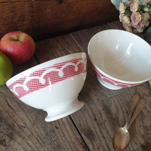 PAIR French vintage cafe au lait large coffee bowls, red and white stencil painted gingham / trellis & loop border design, France c1950