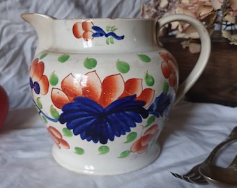 Shabby Gaudy Welsh antique ironstone jug/pitcher, vintage cottage style, early 19th C, ivory white hand-painted w navy, orange & apple green