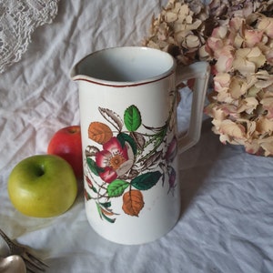 Antique floral ironstone Victorian jug, white w polychrome hand colored transferware pitcher, wild rose, Aesthetic Movement c1900