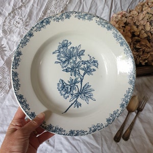 French antique salad bowl in petrol blue transferware, deep dish in teal blue, w trumpet flower floral design from St Amand, France c1890