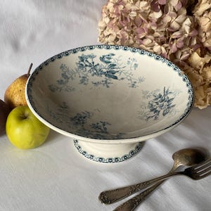 French cake / dessert stand, antique petrol blue floral transferware compotier &quot;Roscoff&quot; by Choisy-le-Roi France c1890, roses & wild flowers