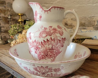 Antique Tall Water Jug and Bowl Set, Rare Early Art Nouveau Antique Tall Water Jug and Bowl Set, Rare Early Art Nouveau