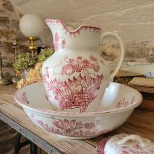 Antique tall water jug and bowl set, rare early Art Nouveau transferware red & white florals w lilies &#39;Mars&#39; BFK Boch Freres Keramis c1900