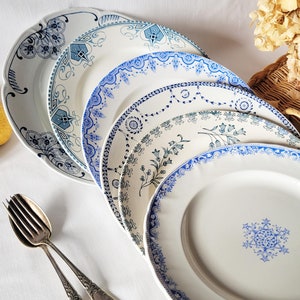 SET 6 mismatched French antique ironstone dinner plates, blue & white transferware cottage style, Sarreguemines, Boch, Vieillard, France