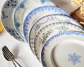 SET 6 mismatched French antique ironstone dinner plates, blue & white transferware cottage style, Sarreguemines, Boch, Vieillard, France
