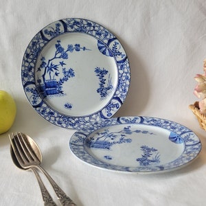 Petite assiette latérale Creil et Montereau « Japon » (alias Monet), Antiquité française, bleu et blanc, peint à la main, c1880, mouvement esthétique japonisme, France