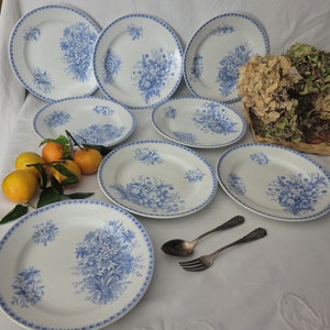 Set of 8 antique dinner plates by Societe Ceramique, Maastricht, Holland c1890-1920, 'Cilla' floral design blue transferware