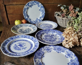 SET 6 French/English vintage mismatched ironstone dinner plates, blue + white farmhouse cottage style, Luneville France & Staffordshire