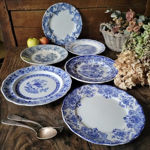 SET 6 French/English vintage mismatched ironstone dinner plates, blue + white farmhouse cottage style, Luneville France & Staffordshire