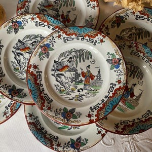 SET 7 Creil et Montereau &#39;Japon&#39; small side plates, Antique French polychrome hand colored  transferware c1880 Japonisme Aesthetic, France