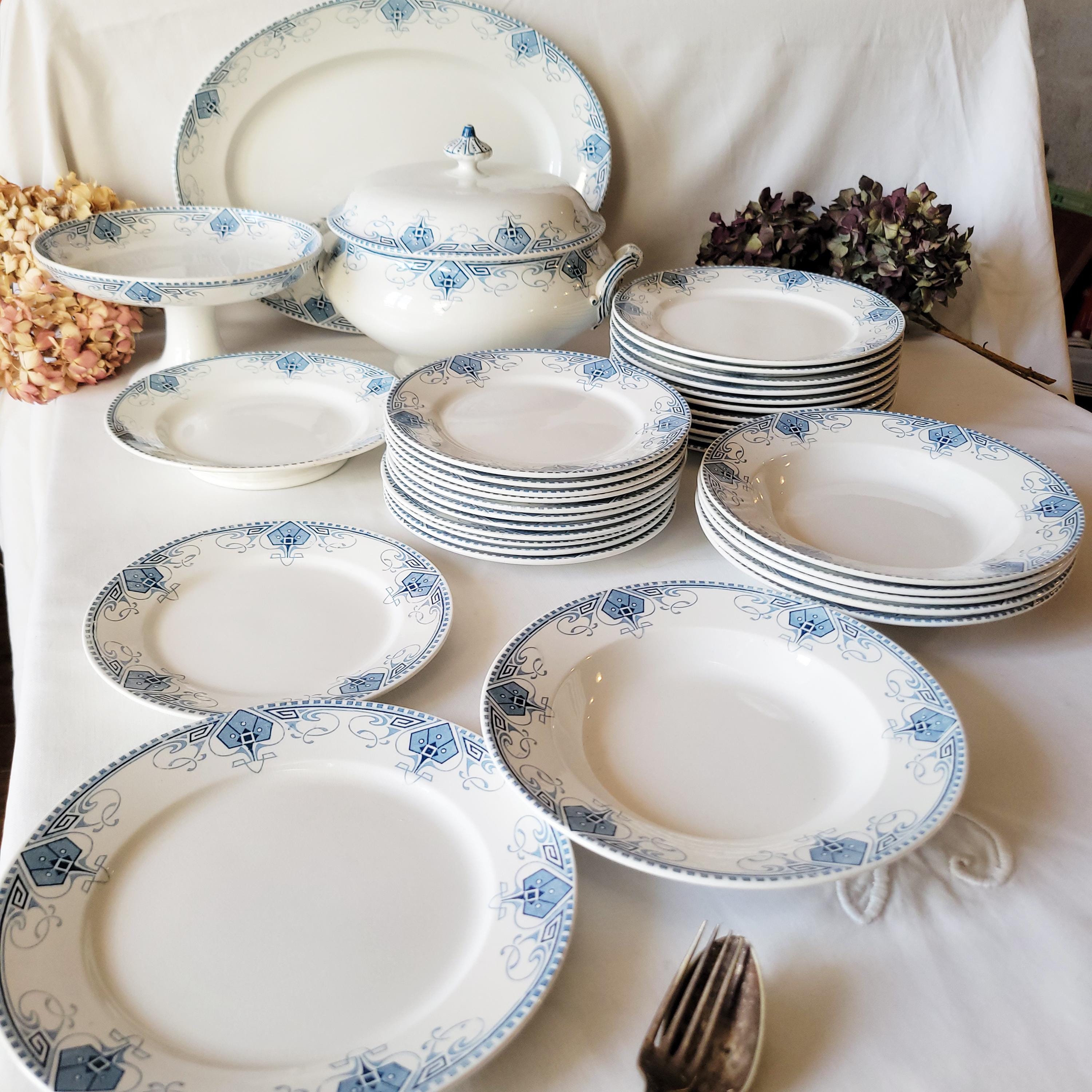 Antique Sarreguemines 'germaine' Dinner Service, Art Nouveau Blue