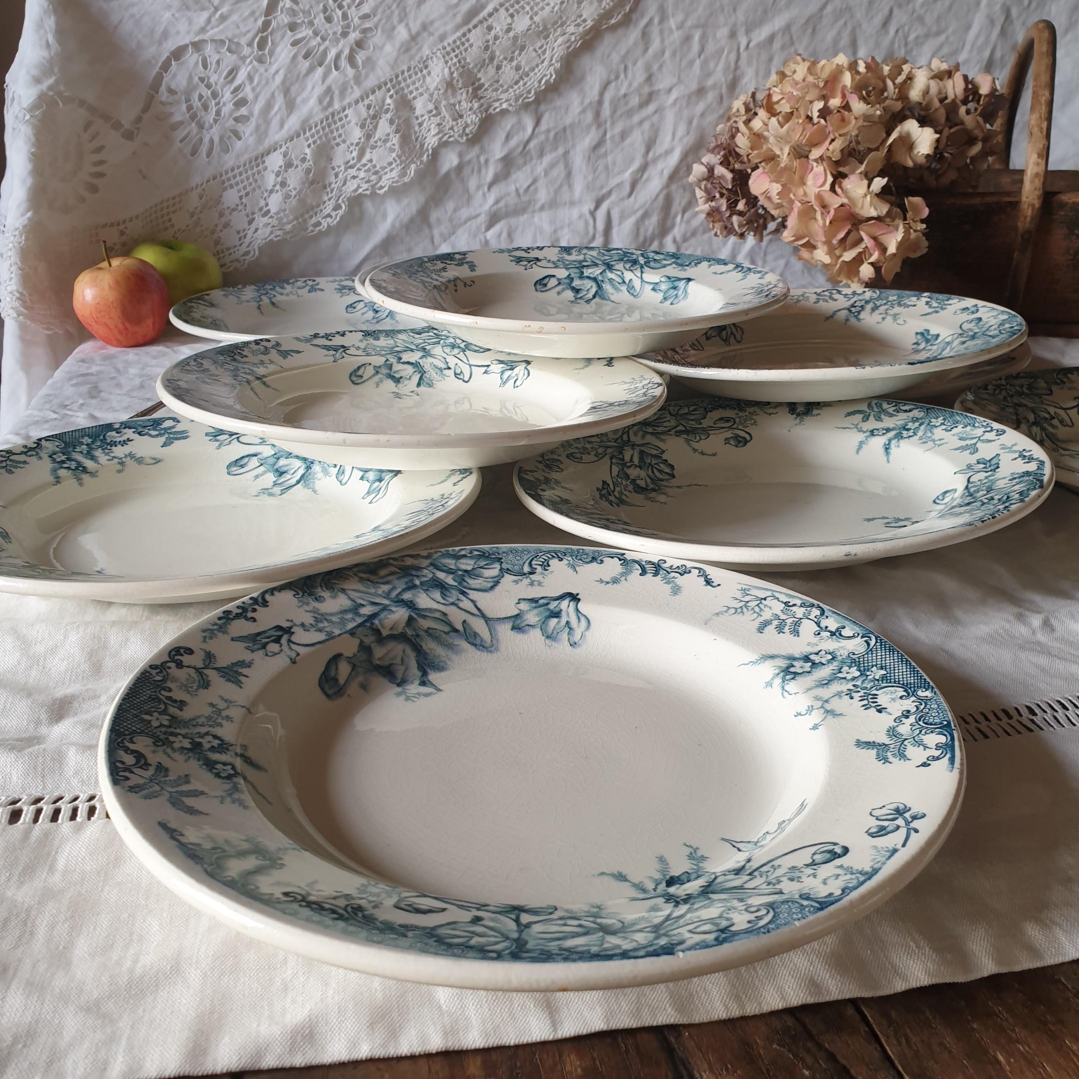 Antique French Floral Soup Plates: Blue White Transferware, Set of