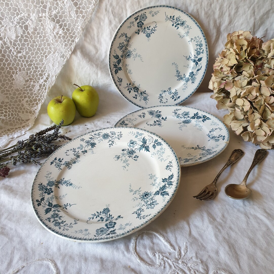 Set of 3 Antique Shabby Plates Teal Blue Transferware W Etsy