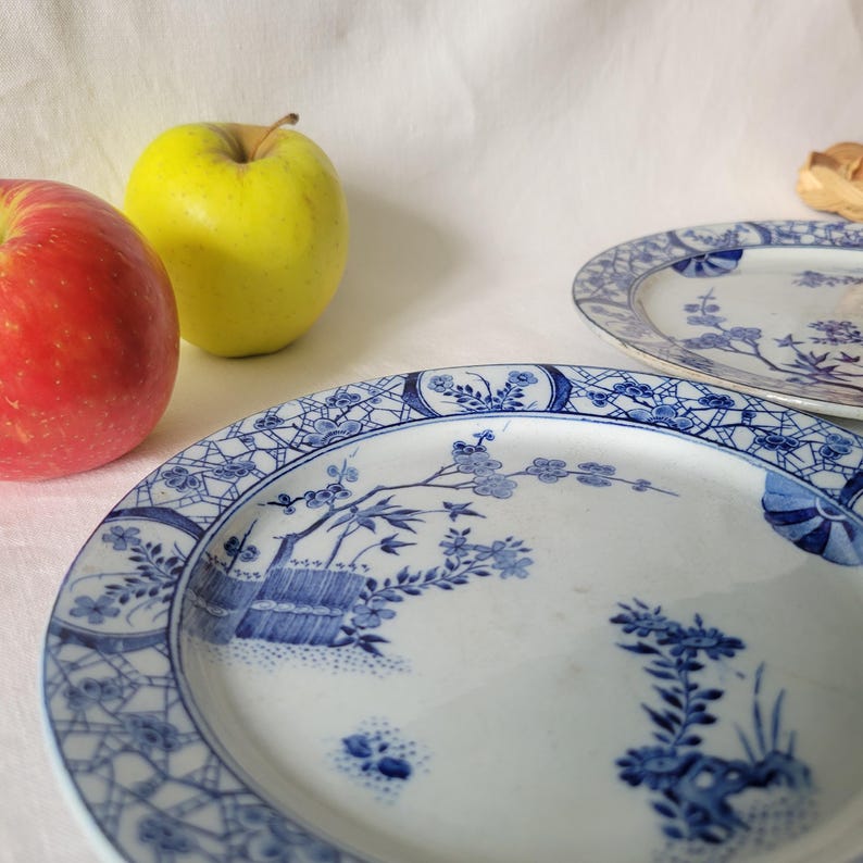 May include: Two white ceramic plates with blue and white floral designs. The plates have a blue and white border with a floral pattern. The plates are on a white surface.