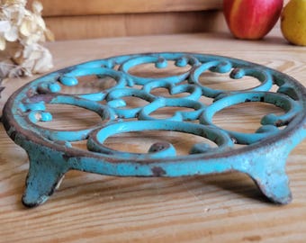 Vintage French Round Metal Plant Stand or Trivet with Chippy Turquoise Blue Paint