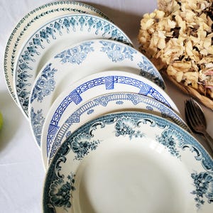 Set 6 antique soup plates mismatched petrol blue palette, farmhouse / floral / cottage decor c1890-1910 Gien, St Amand, Sarreguemines France