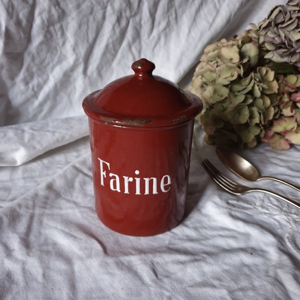 French vintage enamel brown / red canister 'Farine' (flour) c1930 farmhouse vintage style, French country design