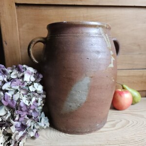 以下が含まれることがあります： 2つのハンドルが付いた、大きなアンティークの茶色の炻器の壺。壺は口が広く、表面はわずかにざらざらしています。乾燥した紫と白のアジサイの房、赤いリンゴ、緑の梨が壺の隣にあります。