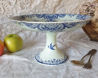 French antique shabby tea stained cake stand compotier, Longwy &#39;Delft&#39; pattern w birds, floral blue transferware, c1886 Aesthetic Movement