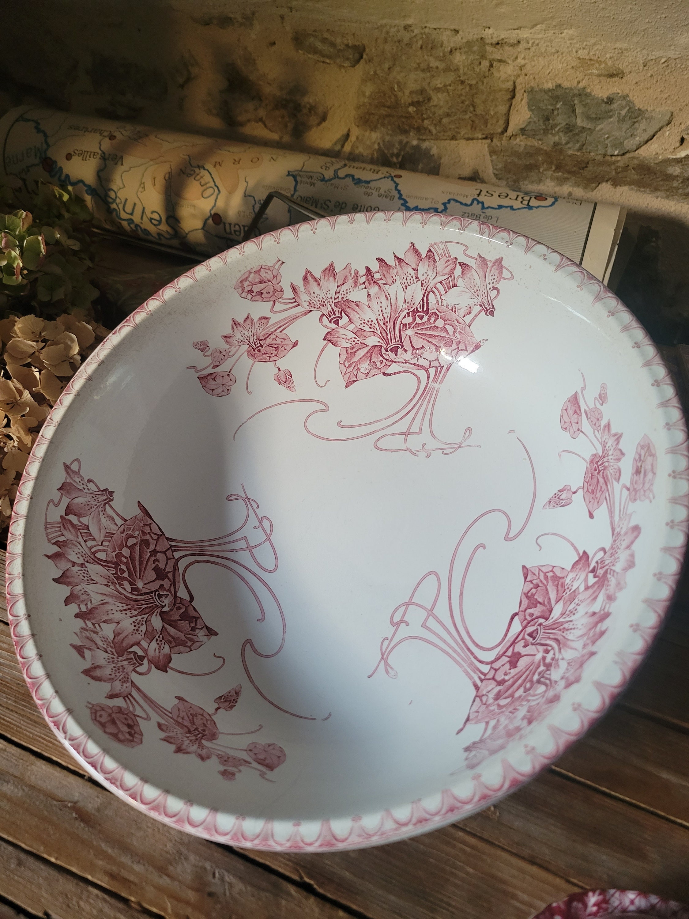 Antique Tall Water Jug and Bowl Set, Rare Early Art Nouveau