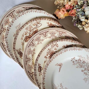 Può includere: Un set di cinque piatti rotondi in ceramica impilati, ciascuno caratterizzato da una base color crema con intricati motivi decorativi marroni. I disegni includono motivi floreali, viticci e un'illustrazione di farfalla sul piatto.