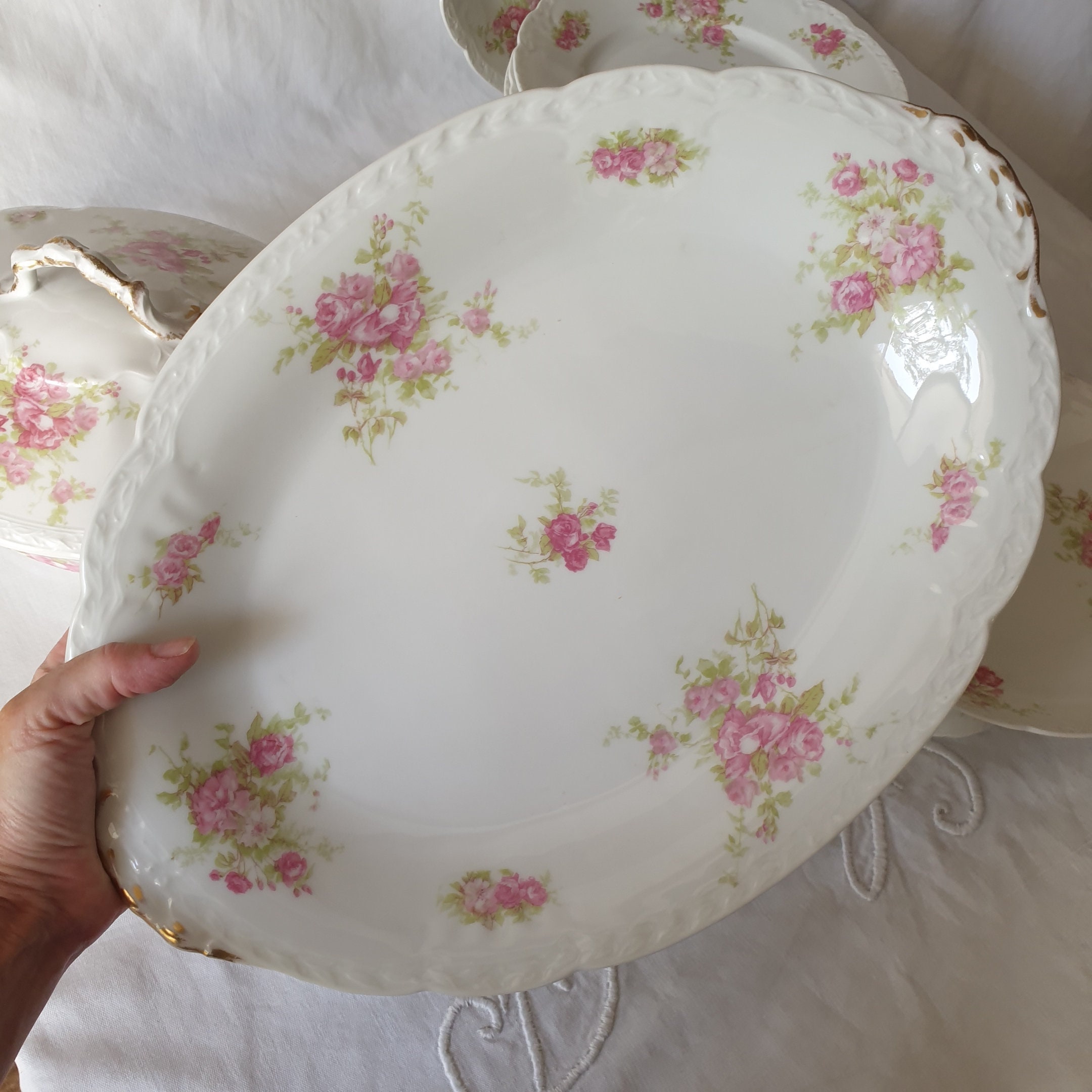 Antique Limoges Porcelain Dinner Service, Pink Roses, Gold Gilt
