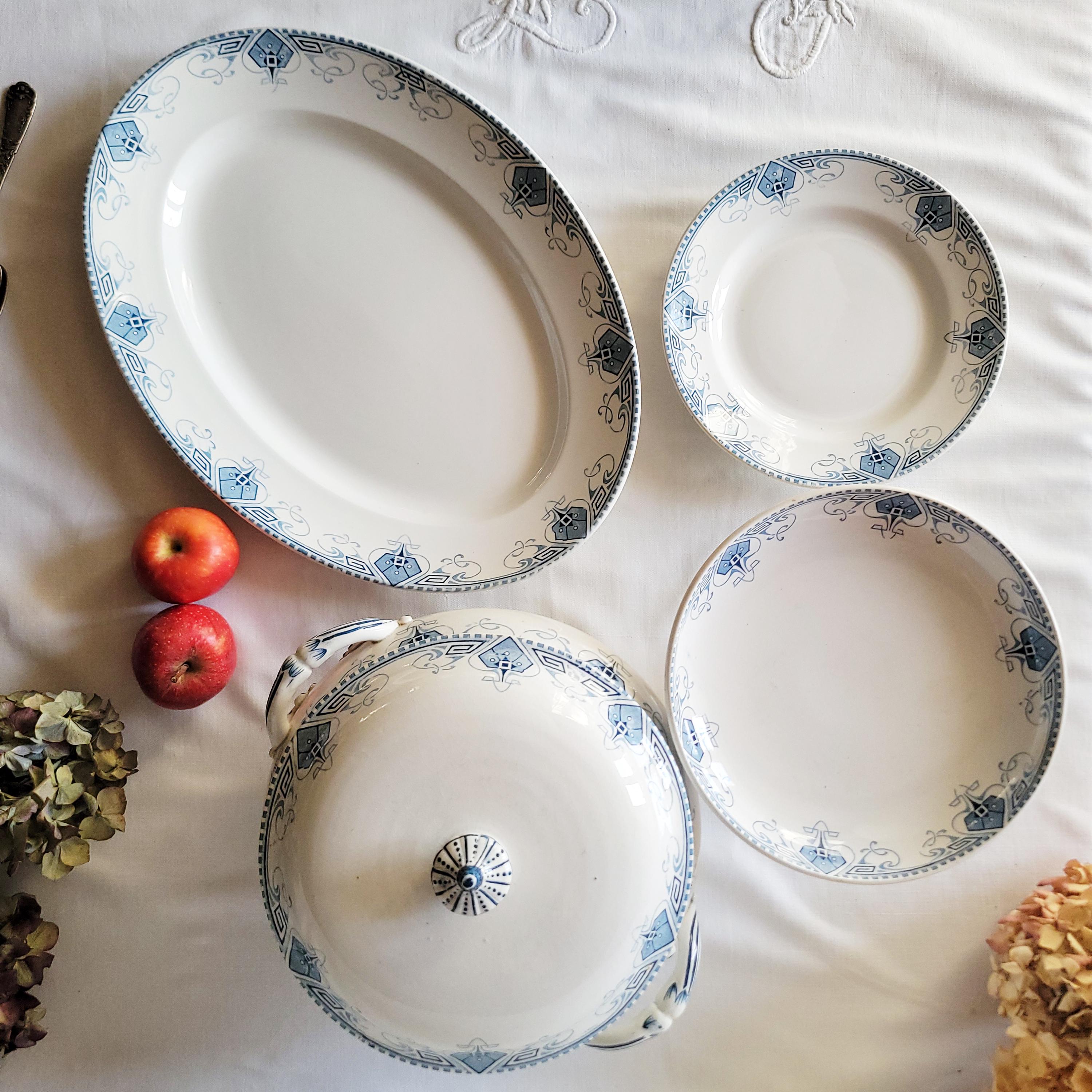 Antique Sarreguemines 'germaine' Dinner Service, Art Nouveau Blue